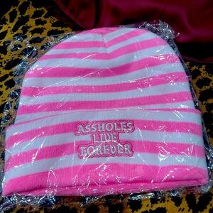 Assholes Live Forever Pink and White Striped Beanie